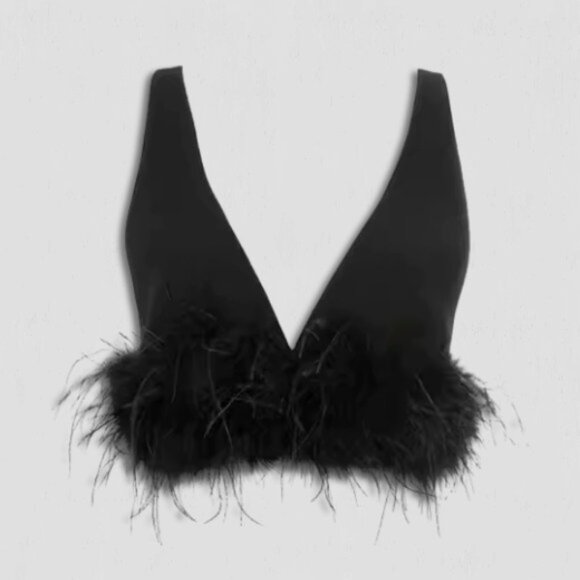 NWT Forever 21 Denim Bralette Top Ostrich Feather-Trim Square Open Back Black S - Picture 1 of 9